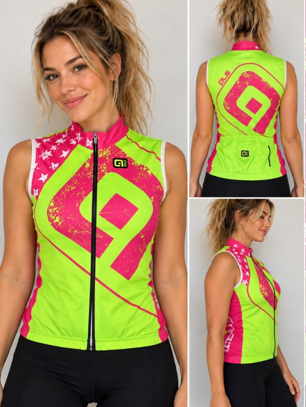 Alé Cycling Women’s XS Neon Pink Green Sleeveless Full Zip Cycling Jersey